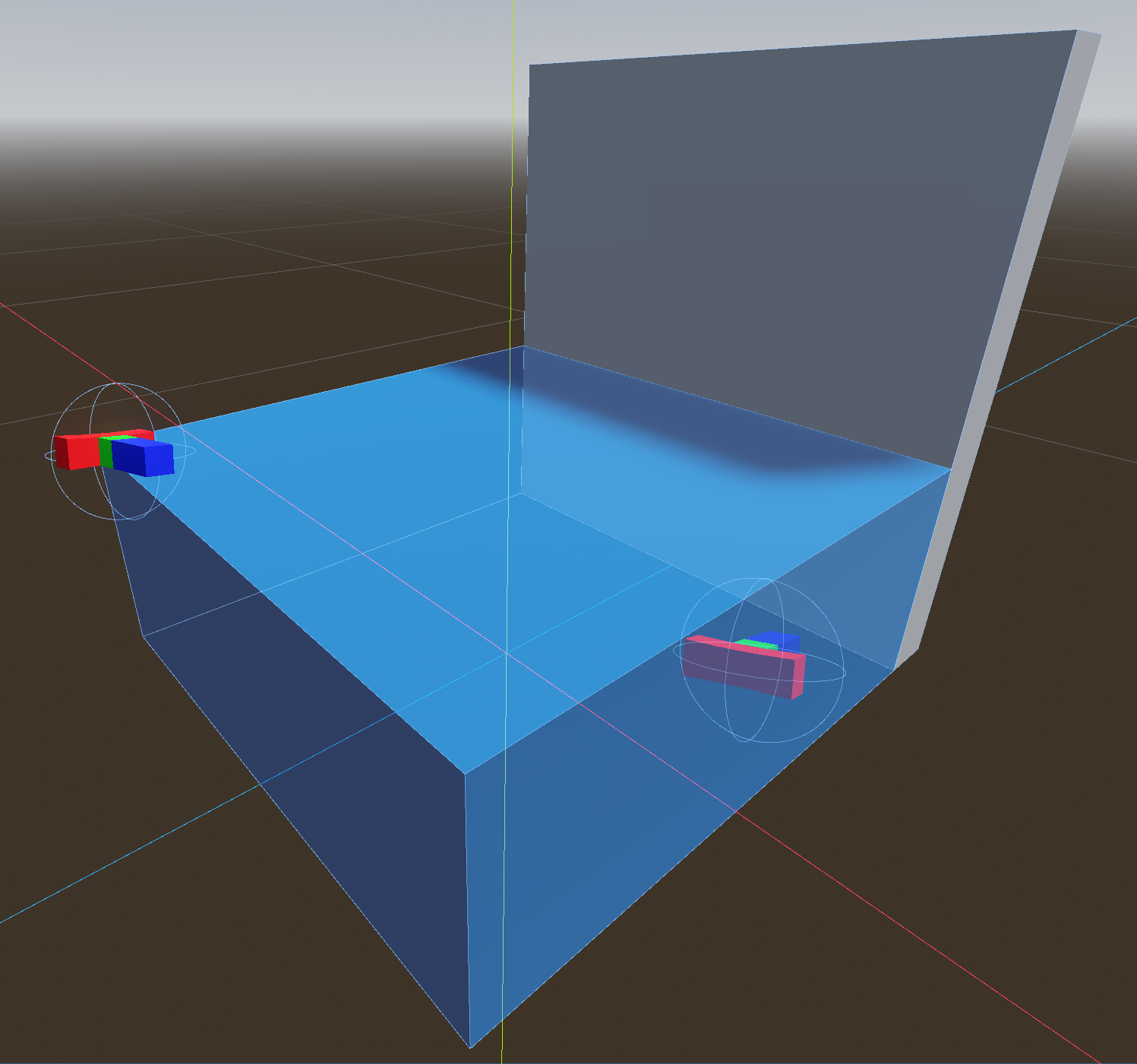 T-Shape task in Godot editor. There is an opaque t-shape and a translucent
t-shape inside a translucent light blue area indicating the spawn area of the
t-shapes. Behind the spawn area is a
wall.
